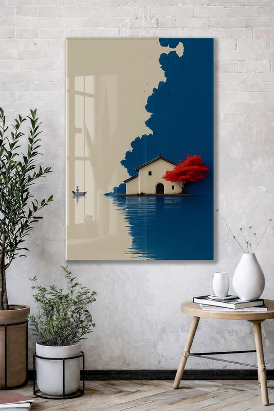 Minimal Göl Evi Manzarası – Kırmızı Ağaçlı Modern Duvar Tablosu - Peony133