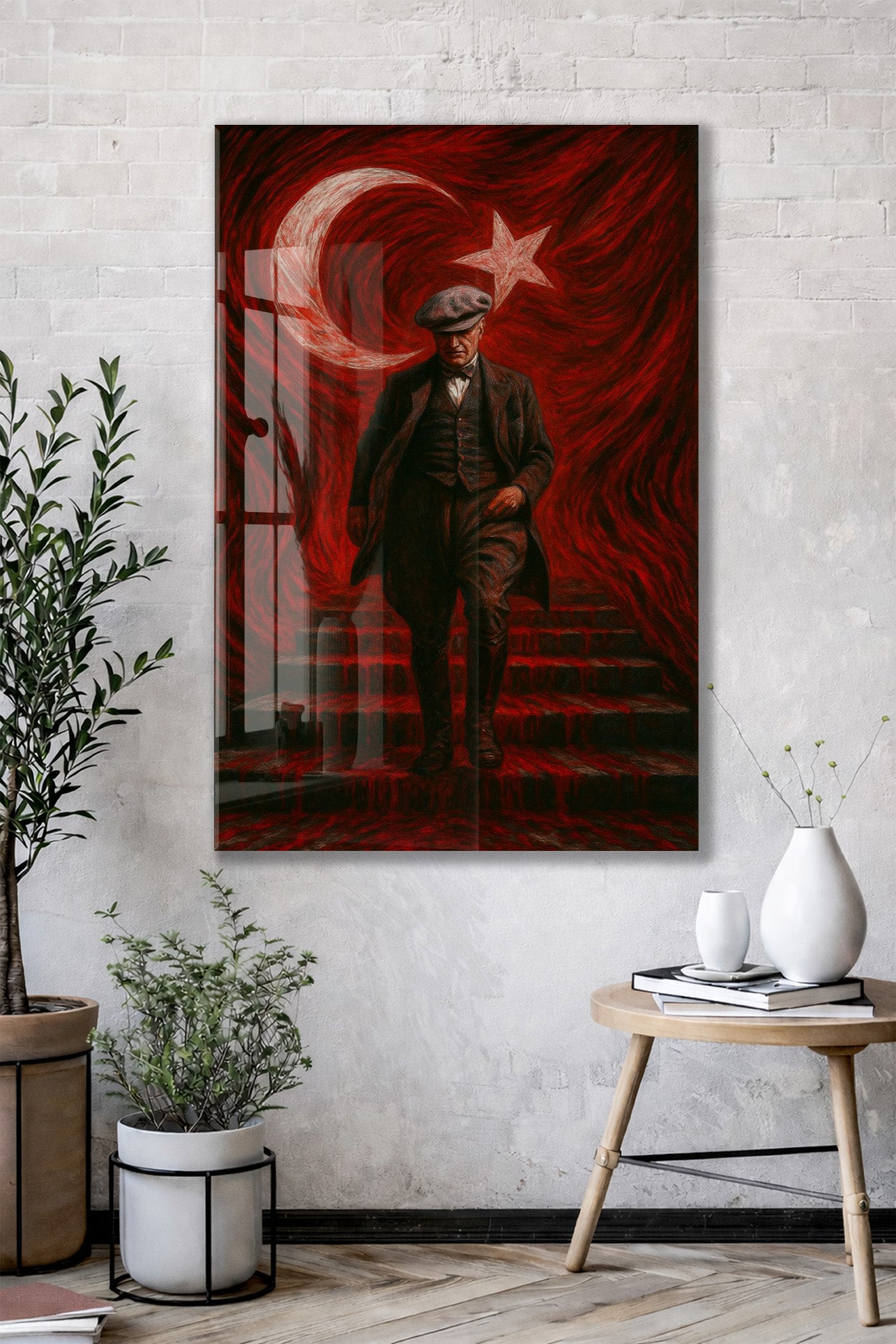 Atatürk Sanatsal Cam Tablo – Ay Yıldızlı Kırmızı Fonlu Devrim Temalı Duvar Sanatı -PeonyAta062