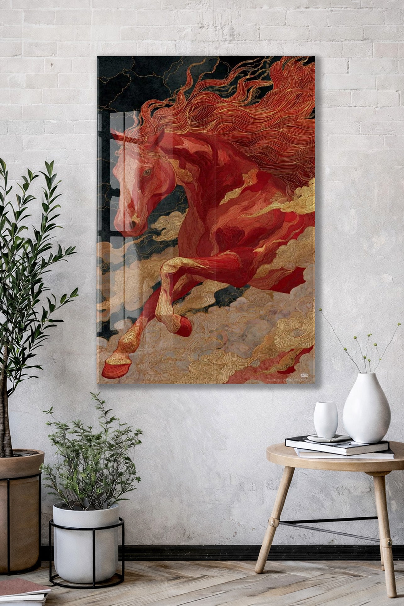 “Kızıl Rüzgâr” – Mitolojik At Figürlü Cam Tablo - Peony068