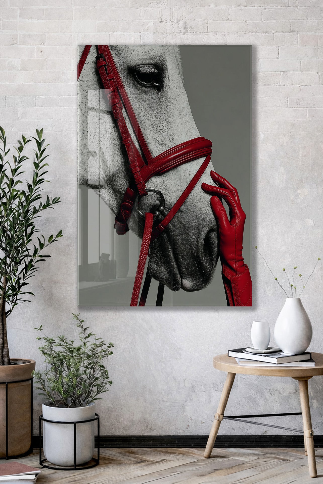 “Soylu Ruh” – Modern Beyaz At Sanat Cam Tablosu - Peony066