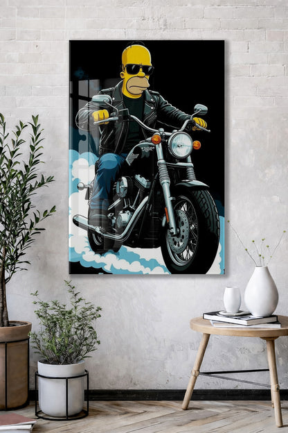 Homer Simpson Harley Tarzı Motor Cam Duvar Tablosu – Modern Erkek Odası Dekoru- Peony111