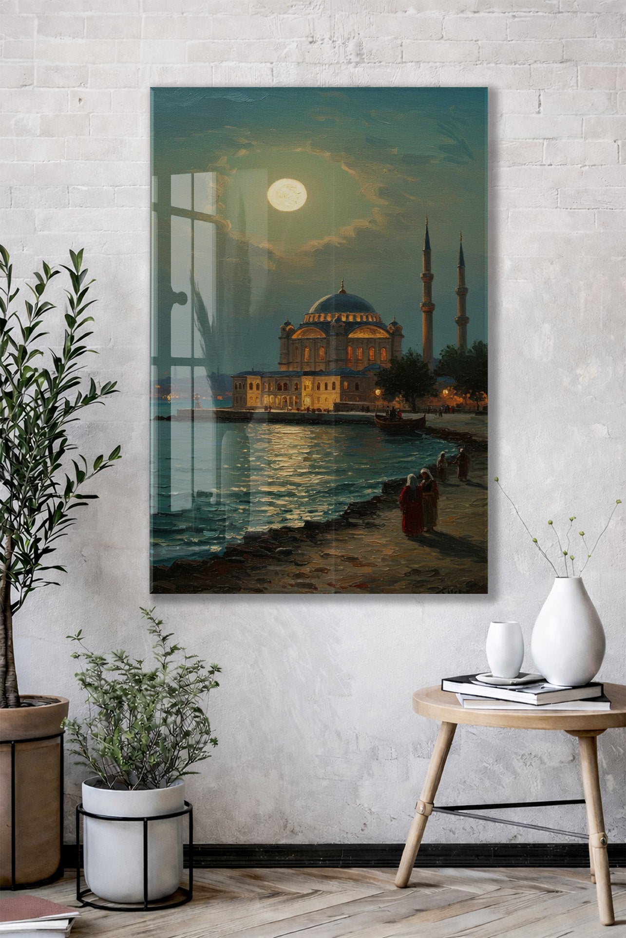 Dolunay Altında İstanbul Camii – Ay Işığında Osmanlı Mimarisi Cam Tablo - PeonyOsm007