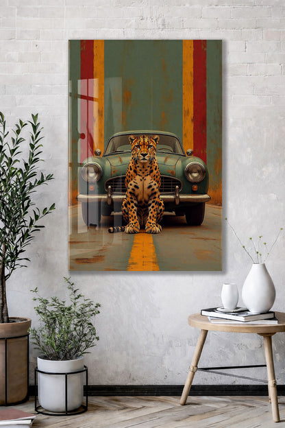 Klasik Otomobil ve Leopar Cam Tablo – Modern Urban Duvar Sanatı - Peony087