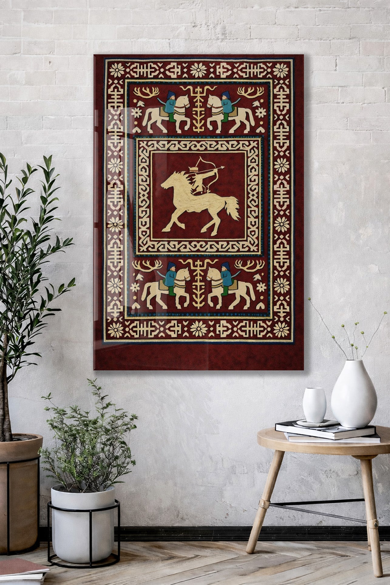 Orta Asya Türk Motifleri Cam Tablo – Atlı Okçu ve Geleneksel Türk Desenleri Duvar Dekoru - PeonyTrk009