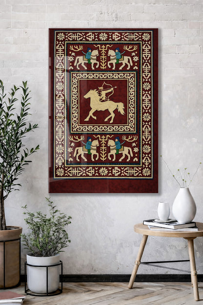 Orta Asya Türk Motifleri Cam Tablo – Atlı Okçu ve Geleneksel Türk Desenleri Duvar Dekoru - PeonyTrk009