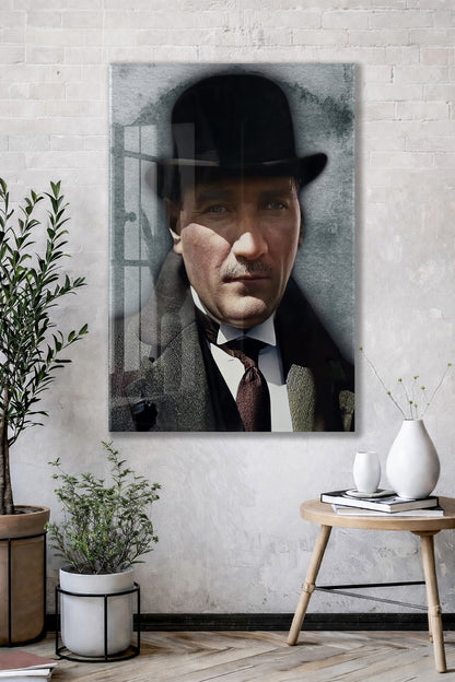 Atatürk Fötr Şapkalı Portre Cam Tablo – Modern ve Zamansız 4 mm Temperli Cam Duvar Dekoru -PeonyAta1001