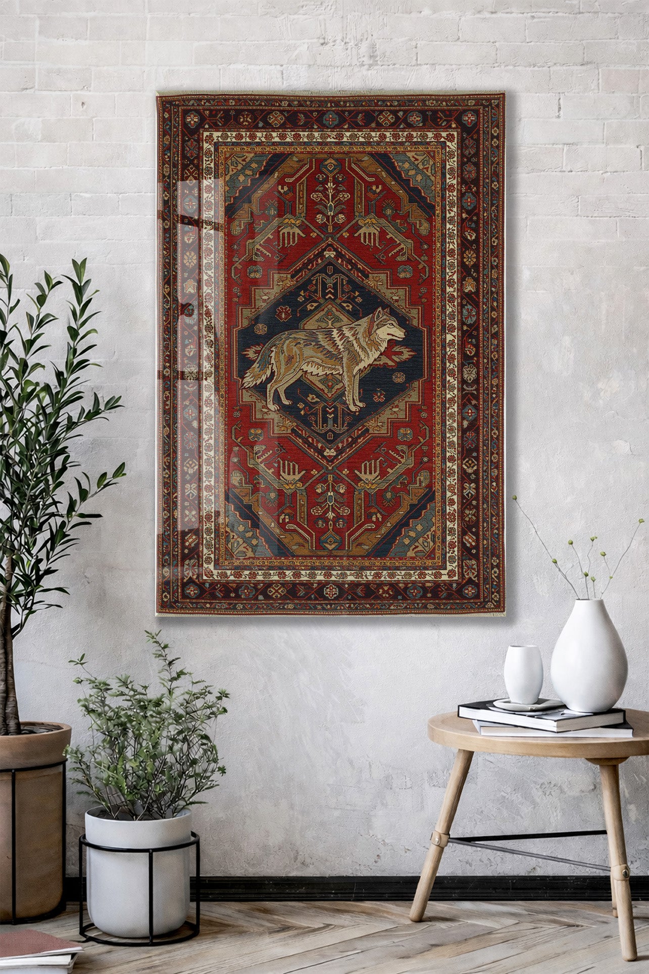 Bozkurt Motifli Türk Halı Deseni Cam Tablo – Geleneksel Orta Asya Duvar Dekoru - PeonyTrk018