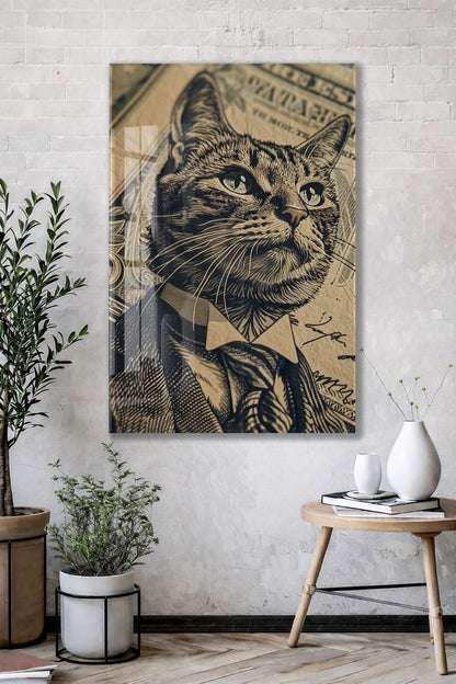 Business Cat Art – Retro Banknot Stil Cam Duvar Dekoru - Peony115