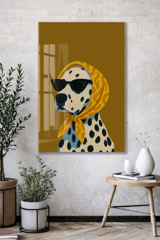 Retro Stil Köpek Tablosu – Hardal Zeminli Dekoratif Baskı - Peony126