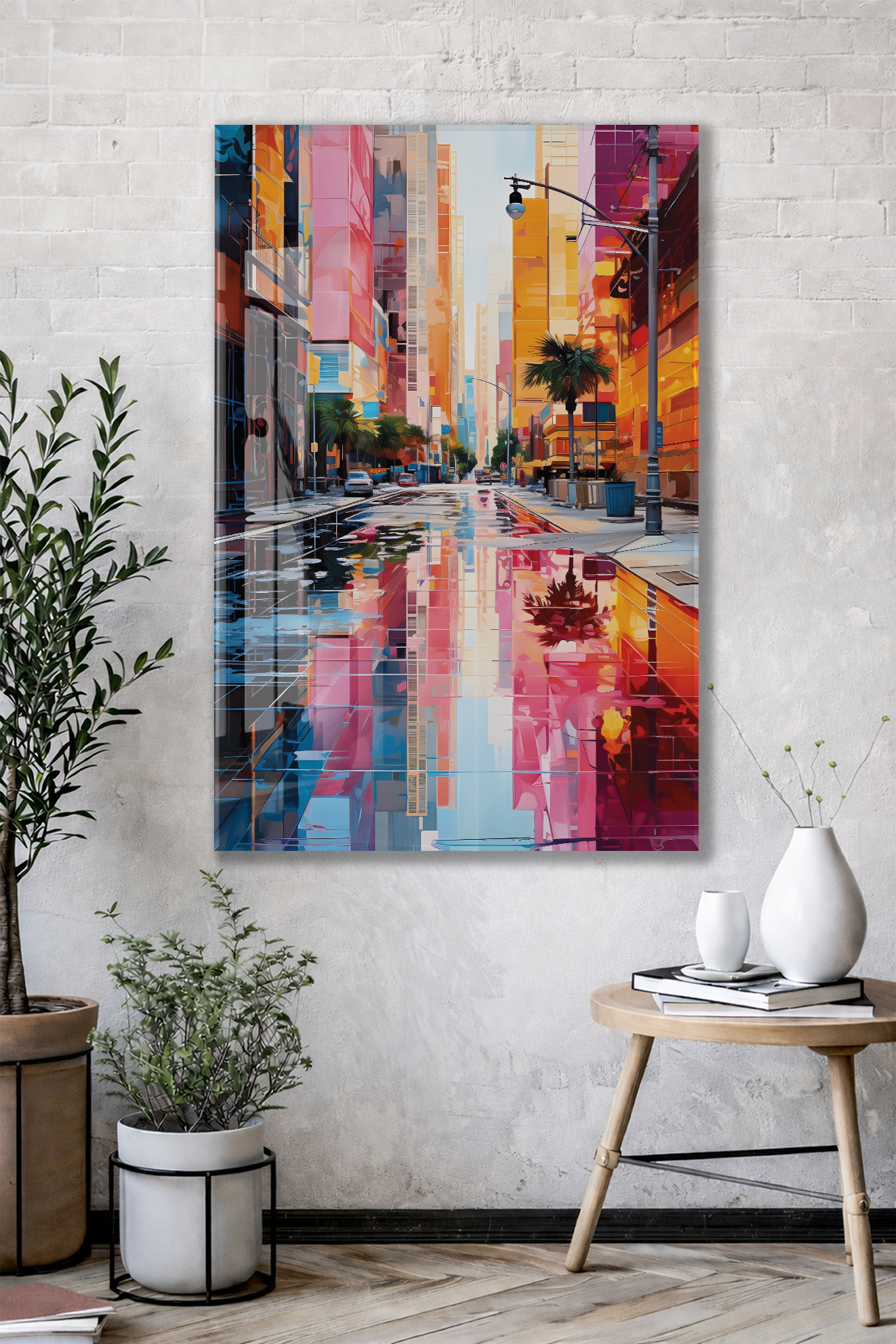 Renkli Modern Şehir Sokağı Cam Tablo – Yansımalı Sokak Manzarası ve Çağdaş Duvar Dekoru - Peony056