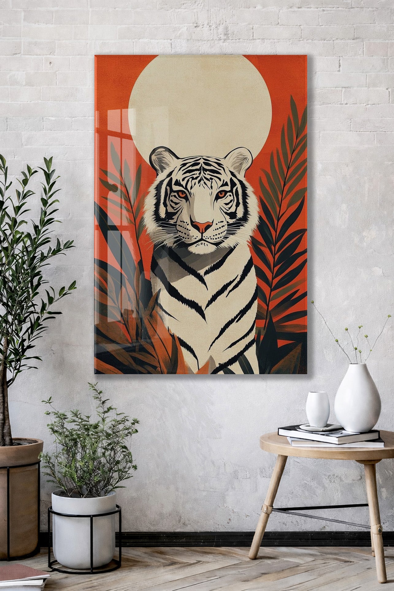 White Tiger Art – Tropikal Yapraklı Minimal Cam Tablo - Peony142