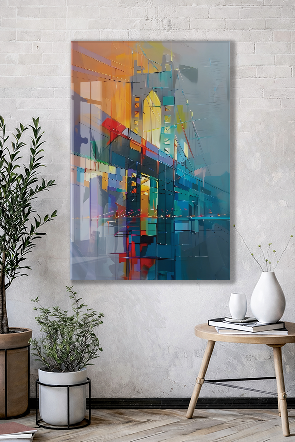 Modern Şehrin Ritmi – Soyut Mimari ve Işık Temalı Cam Tablo- Peony048