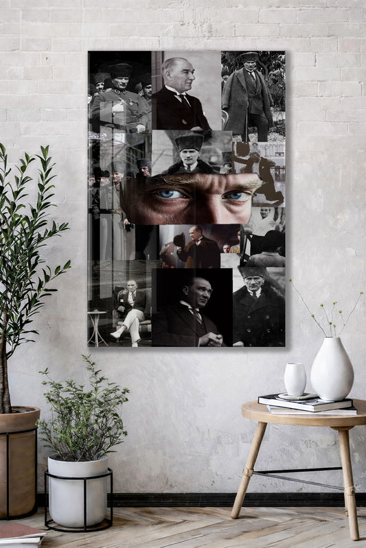 Atatürk Fotoğraf Kolajı Cam Tablo – Cumhuriyetin Kurucusu Temalı Özel Cam Duvar Tablosu -PeonyAta067