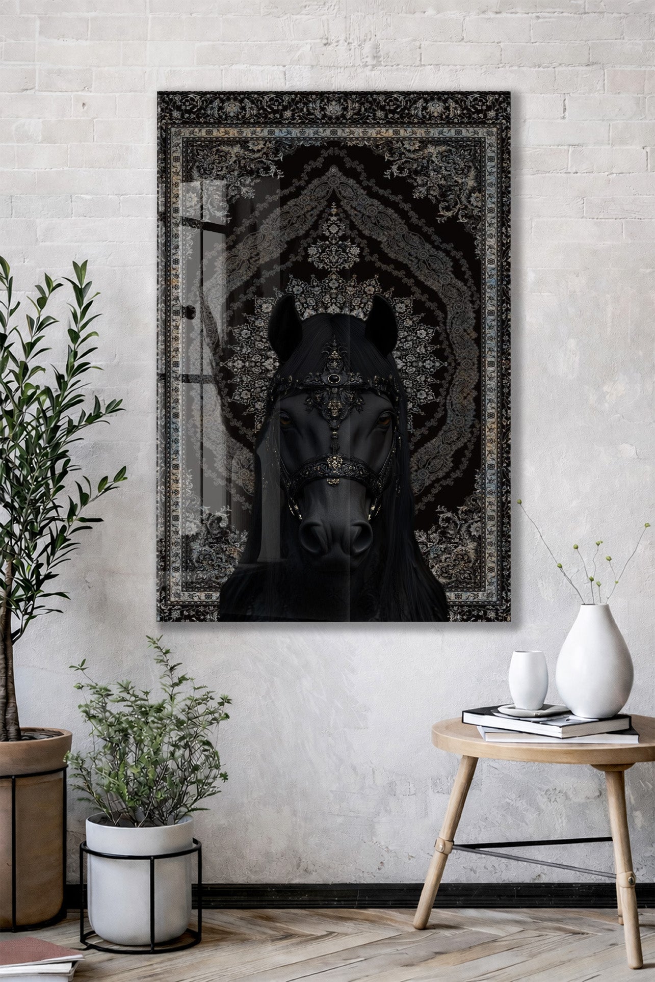 Siyah Asil At Figürlü Cam Tablo – Oryantal Desenli Güç ve Zarafet Temalı Duvar Dekoru - Peony057