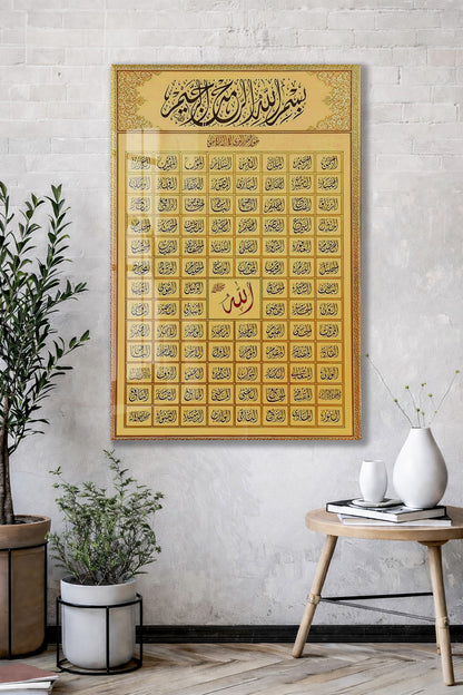 Besmele-i Şerif ve Esmaül Hüsna Cam Tablo | Allah’ın 99 İsmi İslami Cam Duvar Tablosu - PeonyDini130