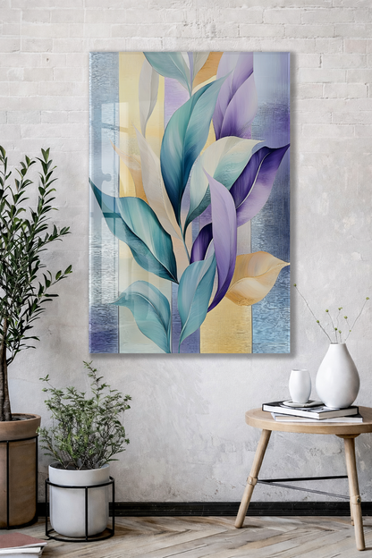 Modern Soyut Yaprak Desenli Cam Tablo – Mavi Mor Tonlu Dekoratif Cam  Duvar Tablosu - Peony073