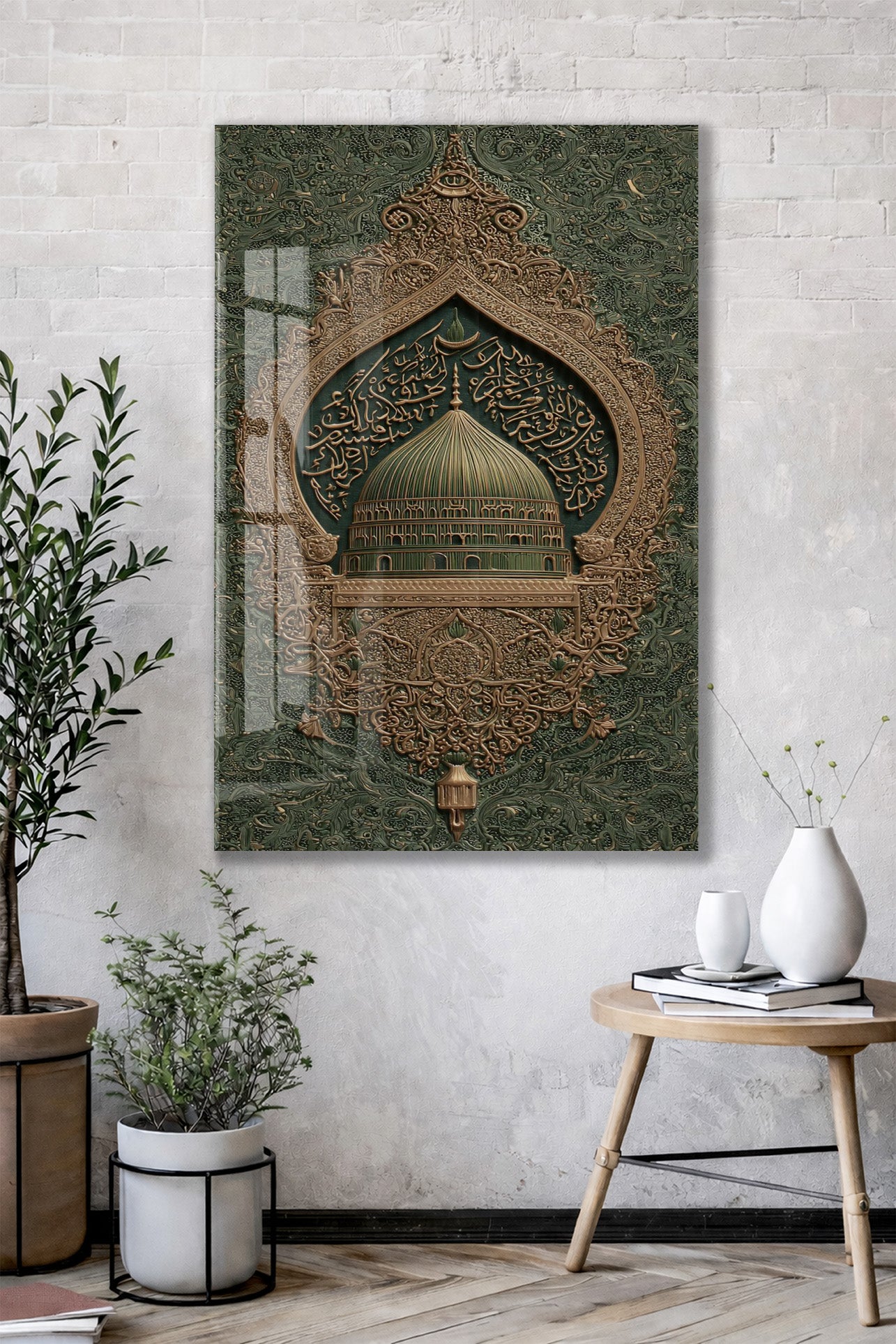 Yeşil Kubbe Cam Tablo | Medine Mescid-i Nebevi Temalı İslami Hat Sanatı, Altın Detaylı Premium UV Baskı Temperli Cam Duvar Dekoru - PeonyDini0102