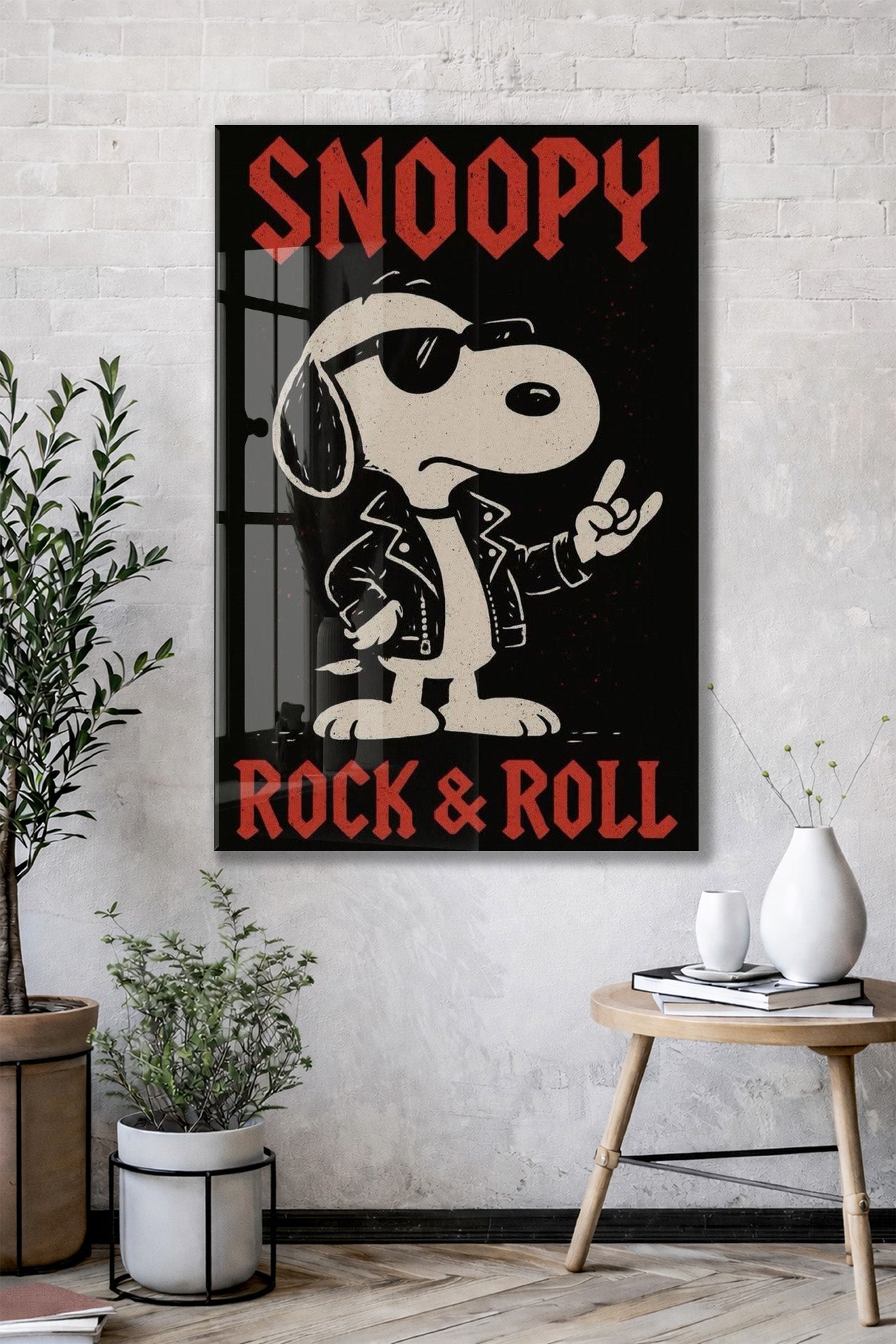 Snoopy Rock & Roll Tasarım Cam Tablo – Genç Odası Duvar Dekoru - Peony108