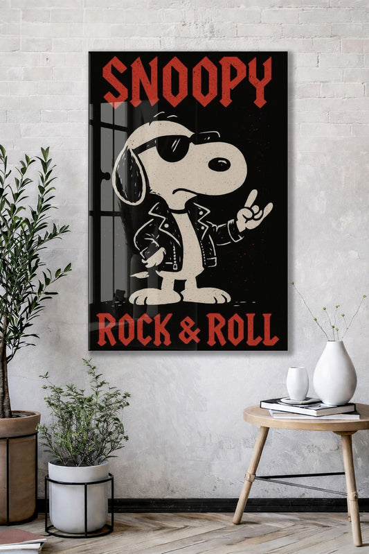Snoopy Rock & Roll Tasarım Cam Tablo – Genç Odası Duvar Dekoru - Peony108