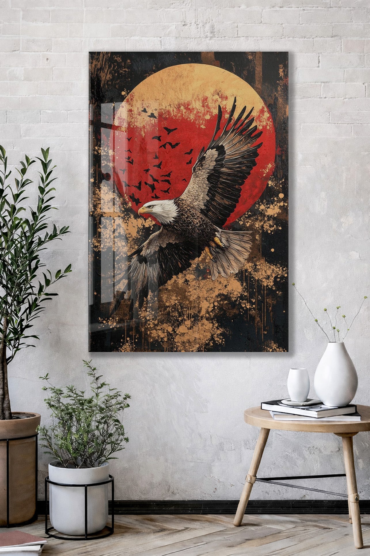 Altın Dokulu Zeminli Kartal Cam Tablo – Güçlü Liderlik ve Özgürlük Temalı Duvar Dekoru - Peony081