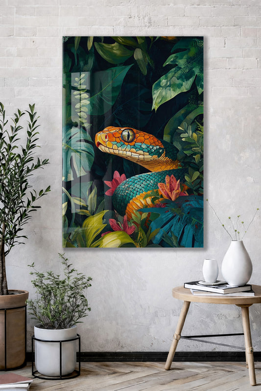Tropikal Yılan Cam Duvar Tablosu – Egzotik Orman Tasarımı - Peony120