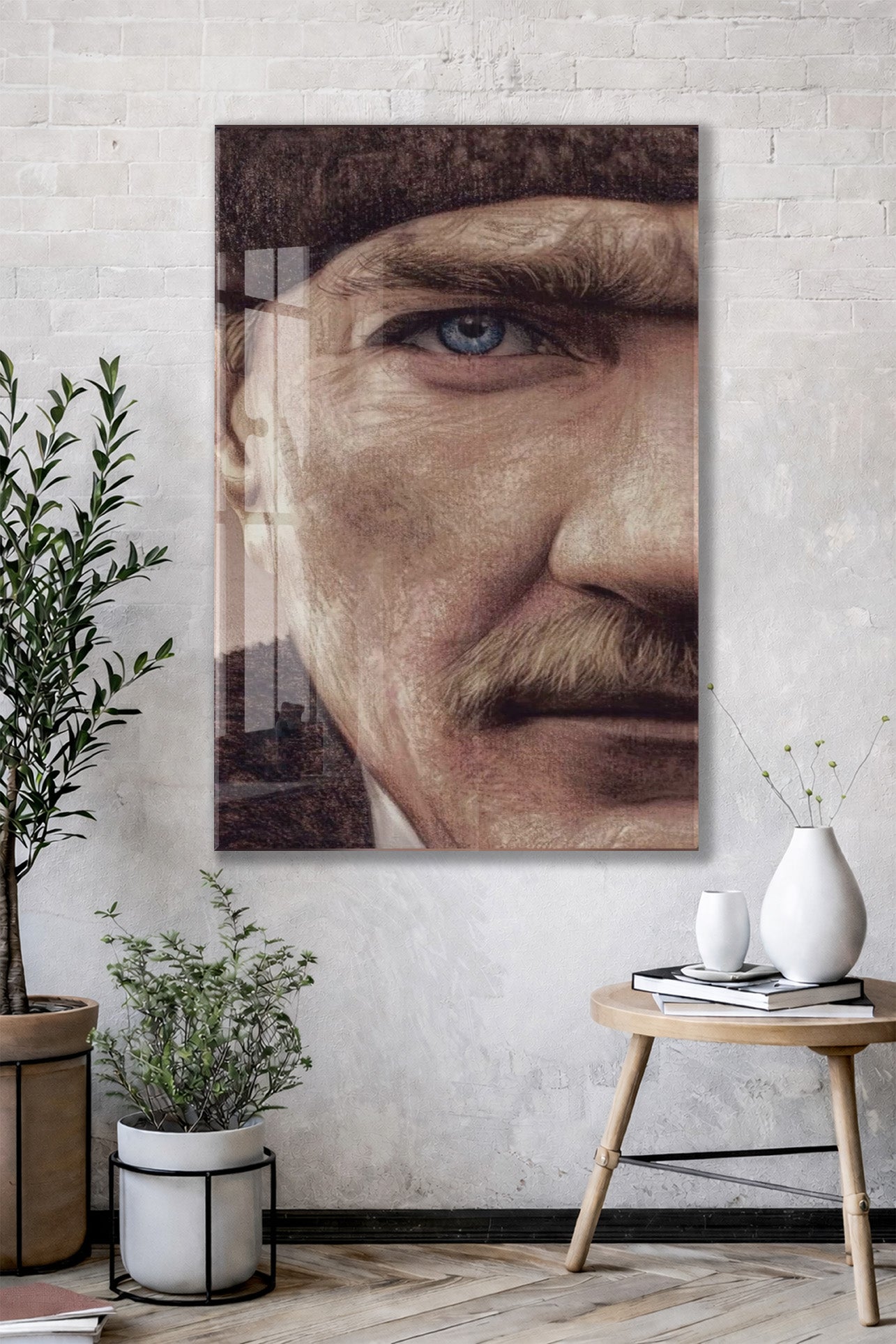 Atatürk Mavi Göz Detayı Cam Tablo – 4 mm Temperli Cam, Sanatsal Portre Duvar Dekoru -PeonyAta053