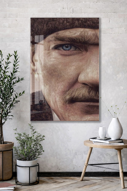 Atatürk Mavi Göz Detayı Cam Tablo – 4 mm Temperli Cam, Sanatsal Portre Duvar Dekoru -PeonyAta053