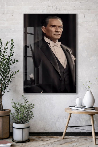 Atatürk Fraklı Cam Tablo – Klasik ve Asil Liderlik Temalı Premium Cam Duvar Tablosu -PeonyAta063