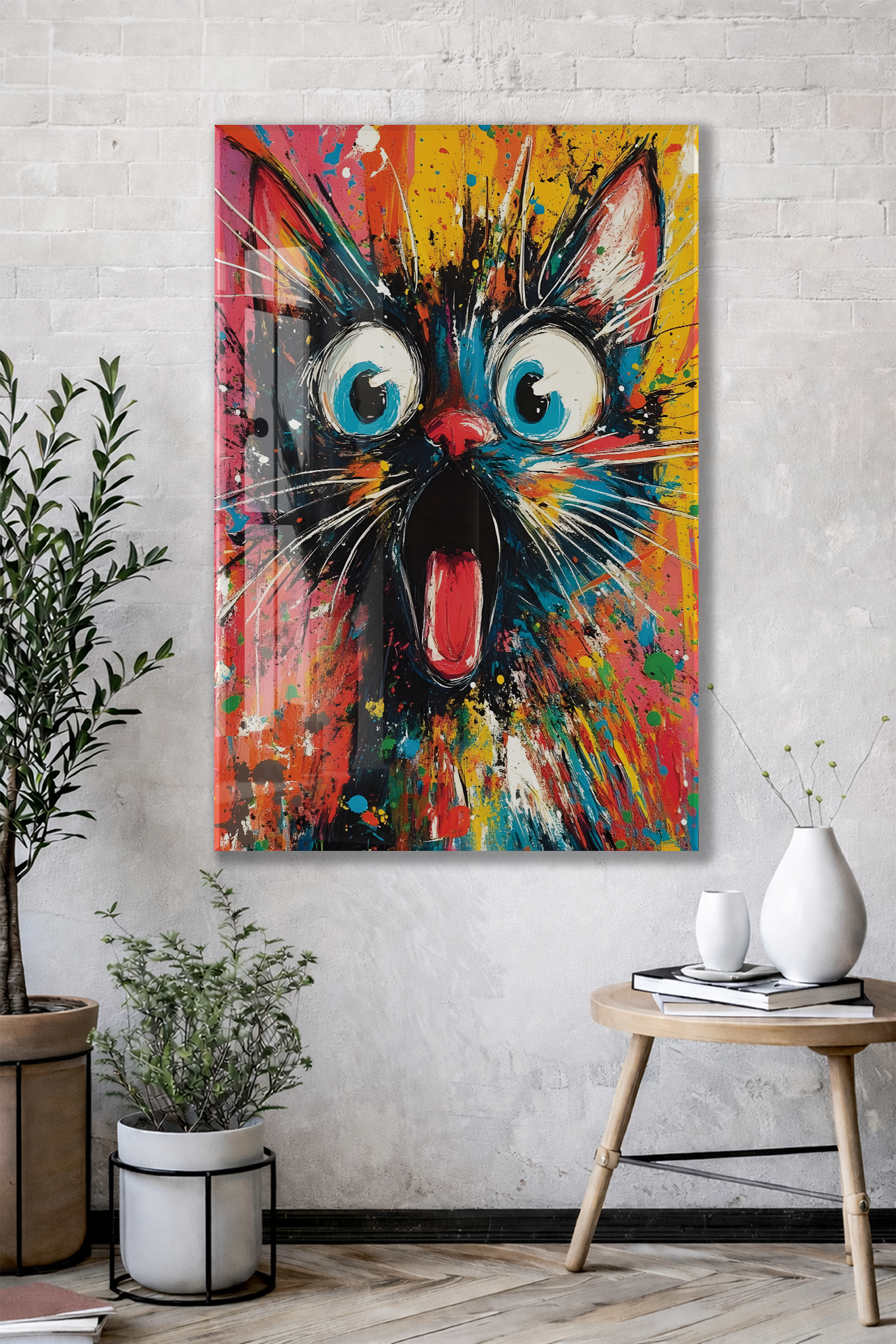 Şaşkın Kedi – Renkli Pop Art Duvar  Cam Sanatı- Peony050