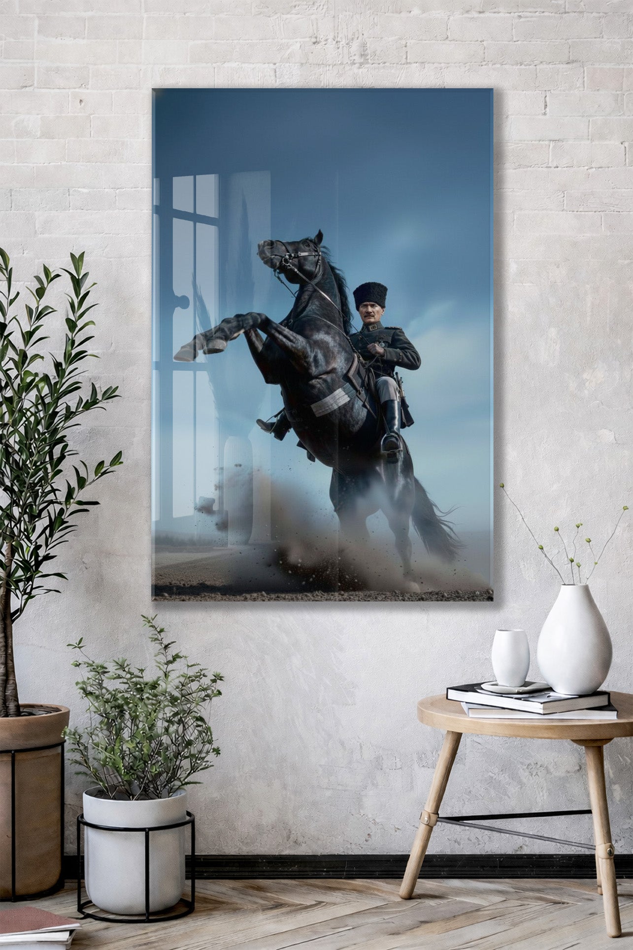 Atatürk At Üzerinde Cam Tablo – Liderlik ve Kurtuluş Ruhunu Yansıtan 4 mm Temperli Cam -PeonyAta056