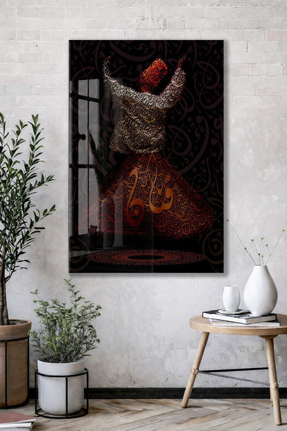 Allah Lafzı ile Sema Eden Mevlevi Derviş Cam Tablo | Tasavvuf Sanatı, İlahi Aşk ve Zikir Temalı İslami Hat Duvar Dekoru - PeonyDini0105