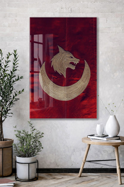 Bozkurt ve Hilal Cam Tablo – Türk Mitolojisi Temalı Güçlü Duvar Dekoru - PeonyTrk020