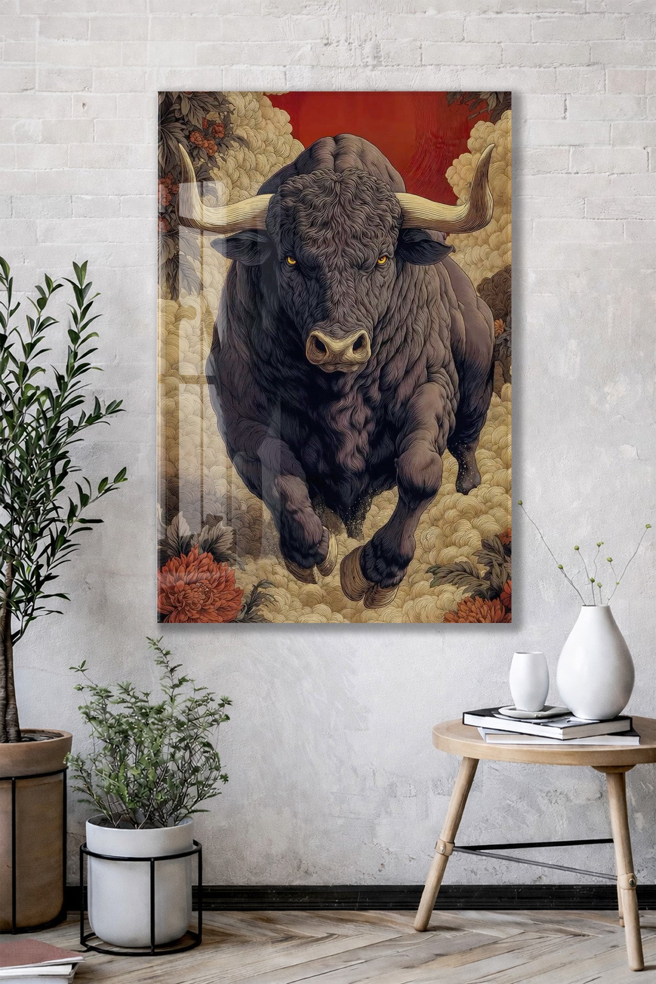 Lider Ruhlu Boğa Cam Tablo – Sanatsal Detaylı Güç ve Kararlılık Temalı Duvar Dekoru - Peony076