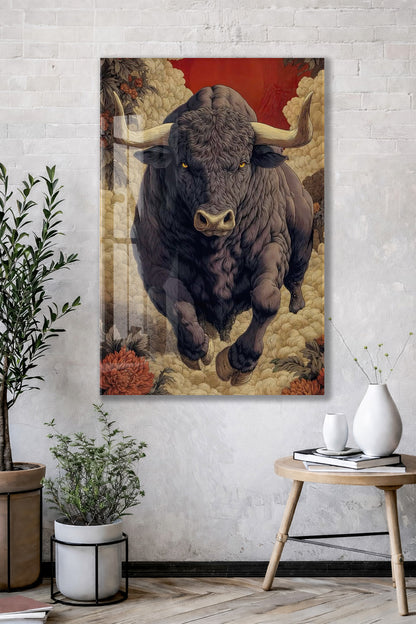 Lider Ruhlu Boğa Cam Tablo – Sanatsal Detaylı Güç ve Kararlılık Temalı Duvar Dekoru - Peony076