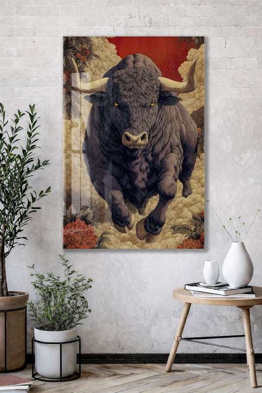 Lider Ruhlu Boğa Cam Tablo – Sanatsal Detaylı Güç ve Kararlılık Temalı Duvar Dekoru - Peony076