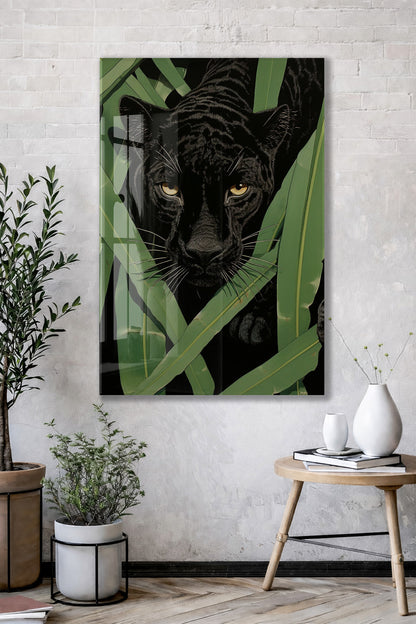 Tropikal Yapraklar Arasında Siyah Panter Cam Tablo – Gizem ve Güç Temalı Duvar Dekoru- Peony088