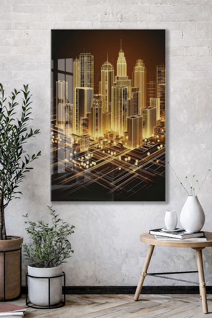Modern Altın Şehir Silüeti Cam Baskı Tablo | 4mm Temperli Cam, Yüksek Çözünürlüklü UV Baskı, Parlak Yüzey, Ofis ve Salon Duvar Dekoru - Peony046