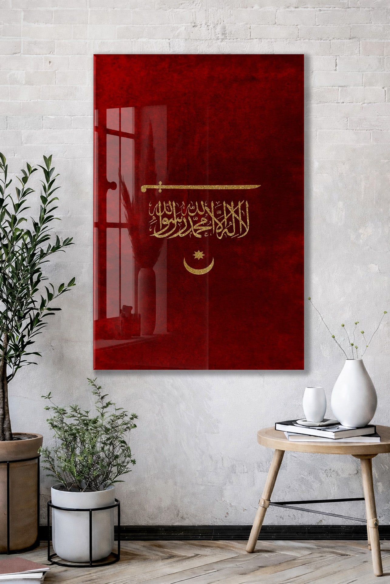 Kelime-i Tevhid ve Osmanlı Kılıcı Cam Tablo – Kırmızı Zemin İslami ve Tarihi Duvar Dekoru - PeonyOsm004