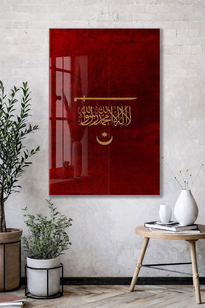 Kelime-i Tevhid ve Osmanlı Kılıcı Cam Tablo – Kırmızı Zemin İslami ve Tarihi Duvar Dekoru - PeonyOsm004