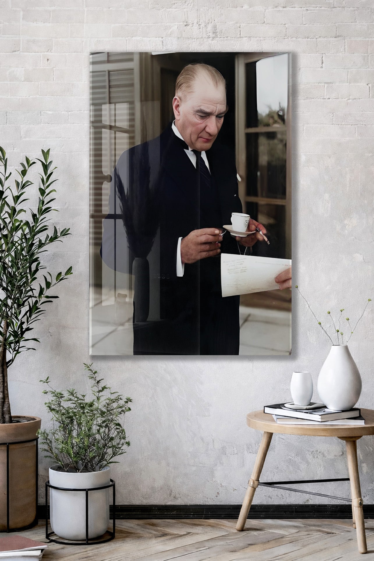 Atatürk Cam Tablo – Çalışma Anı Tasarımı, 4 mm Temperli Cam Üzerine Zarif ve Prestijli Duvar Dekoru -PeonyAta1024