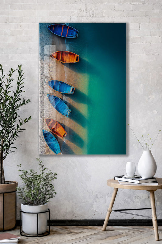 Kumsalda Renkli Kayıklar – Kuşbakışı Deniz Manzarası Duvar Tablosu - Peony134