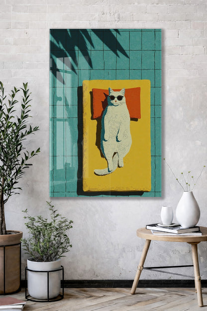 Güneşlenen Gözlüklü Kedi Duvar Tablosu – Modern ve Eğlenceli Tasarım - Peony124