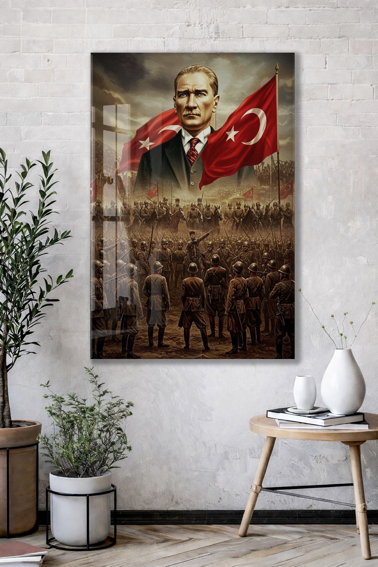 Atatürk ve Türk Bayrağı Cam Baskı Tablo | Kurtuluş Savaşı Temalı Tarihi Duvar Dekoru, 4mm Temperli Cam, Yüksek Çözünürlüklü UV Baskı PeonyAta044