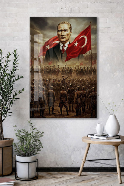 Atatürk ve Türk Bayrağı Cam Baskı Tablo | Kurtuluş Savaşı Temalı Tarihi Duvar Dekoru, 4mm Temperli Cam, Yüksek Çözünürlüklü UV Baskı PeonyAta044