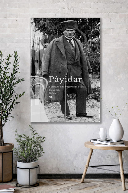 Payidar Atatürk Cam Tablo | Siyah Beyaz Atatürk Portresi, Anlamlı Duvar Dekoru, UV Baskı Temperli Cam Tablo PeonyAta049