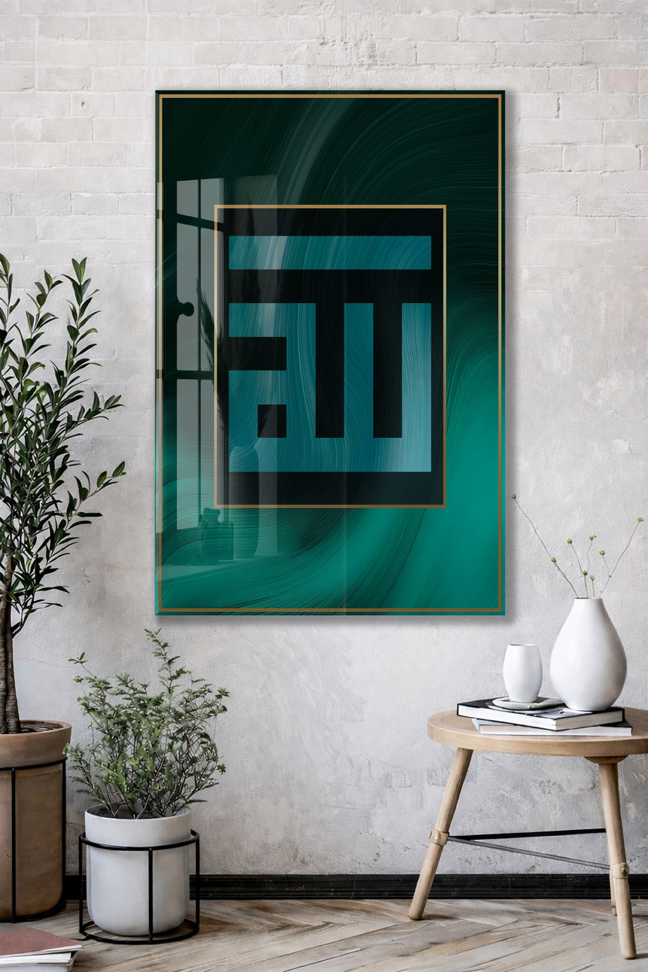 Zümrüt Yeşili Kare Kufi Allah Lafzı – Modern Cam Tablo - PeonyDini086