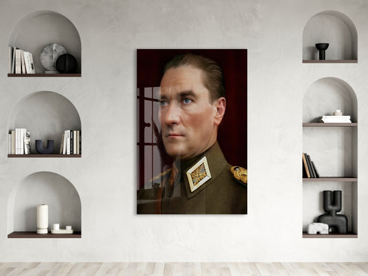 Askerî Üniformalı Atatürk Portre Cam Tablo – Güç ve Liderliği Yansıtan 4 mm Temperli Cam Duvar Dekoru -PeonyAta1005