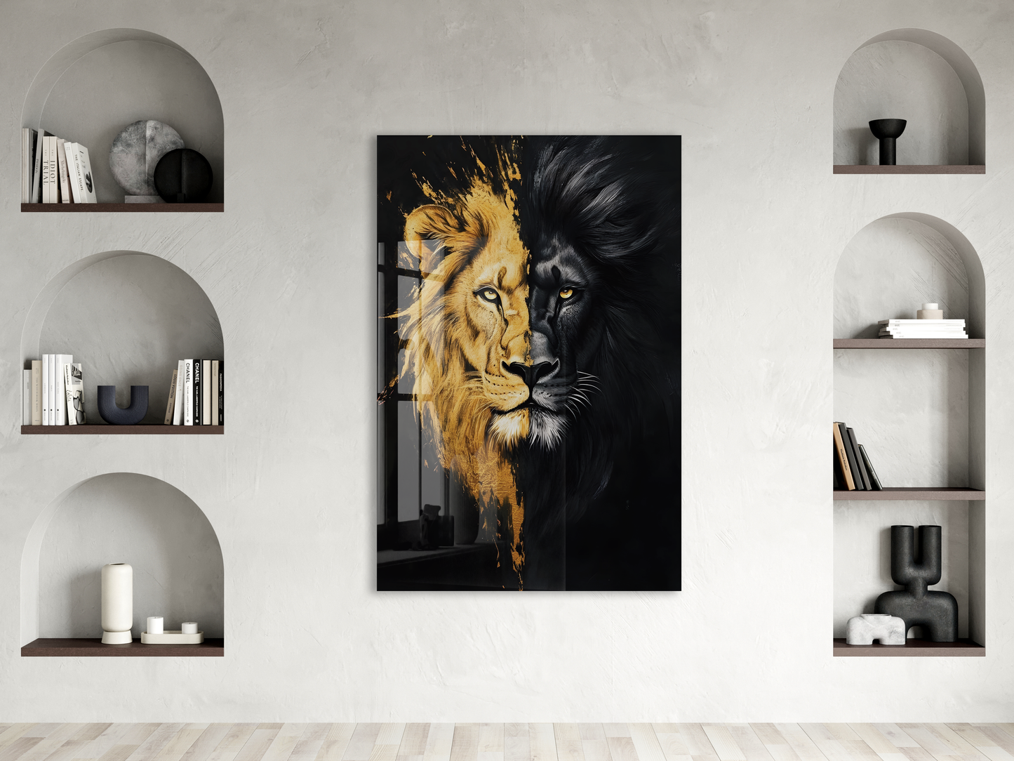 Altın ve Siyah Aslan Cam Tablo – Güç, Asalet ve Modern Sanatı Yansıtan Şık Duvar Dekoru - Peony022