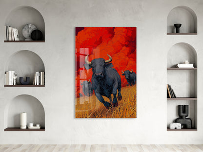 Koşan Boğa Figürlü Cam Tablo – Kırmızı Arka Planlı Modern Güç Temalı Duvar Dekoru - Peony074