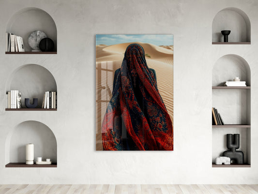 “Çölün Sessiz Tanığı” – Desenli Örtülü Kadın Figürü Cam Tablo - Peony065